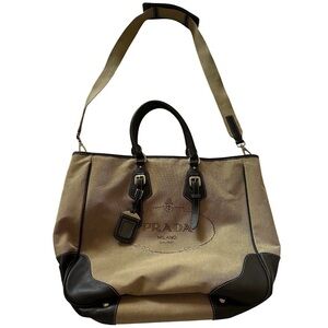 Prada Triangle Logo Jacquard Canvas Leather Tote Shoulder Bag Brown BN1316